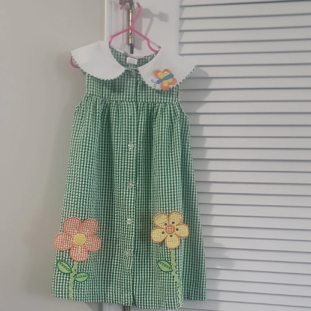 Green Gingham Flower Applique Kids Dress with Peter Pan Collar